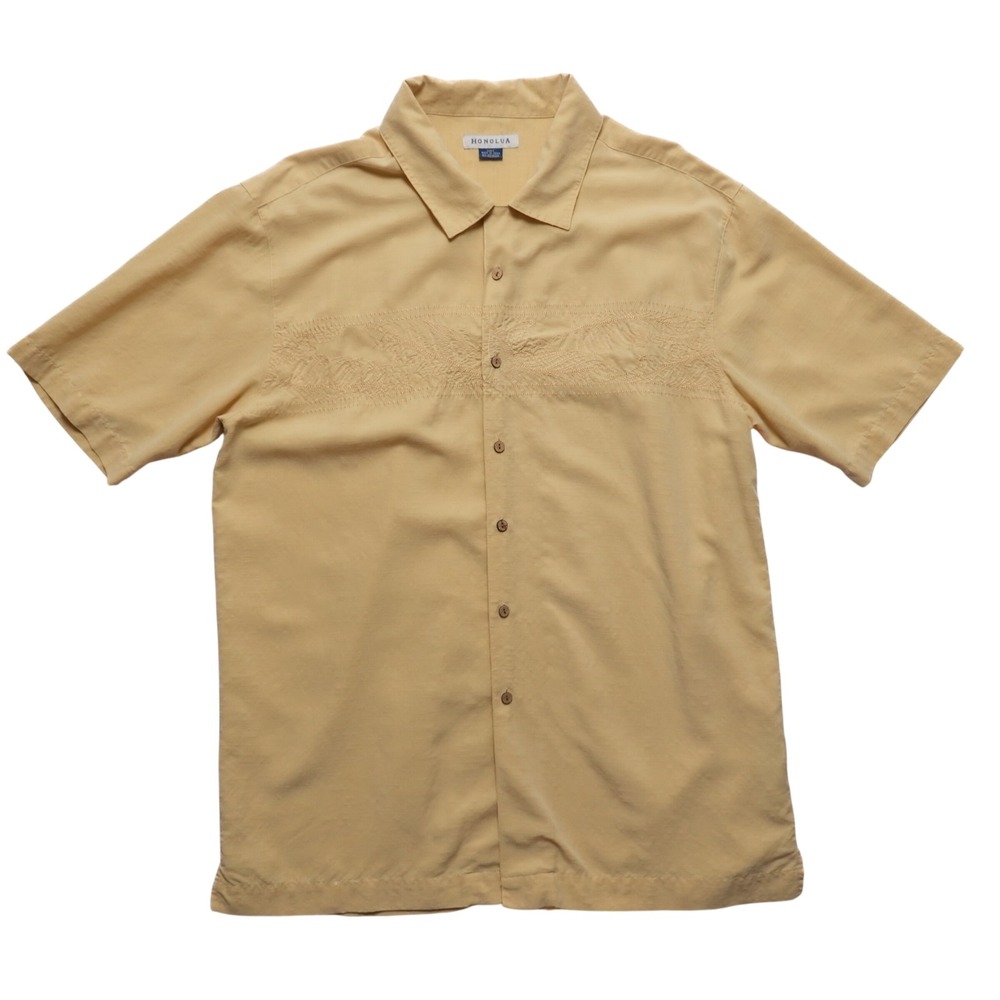 Honolua Hawaiian‎ Shirt Mens L Yellow Embroidered Camp Collar Tropical